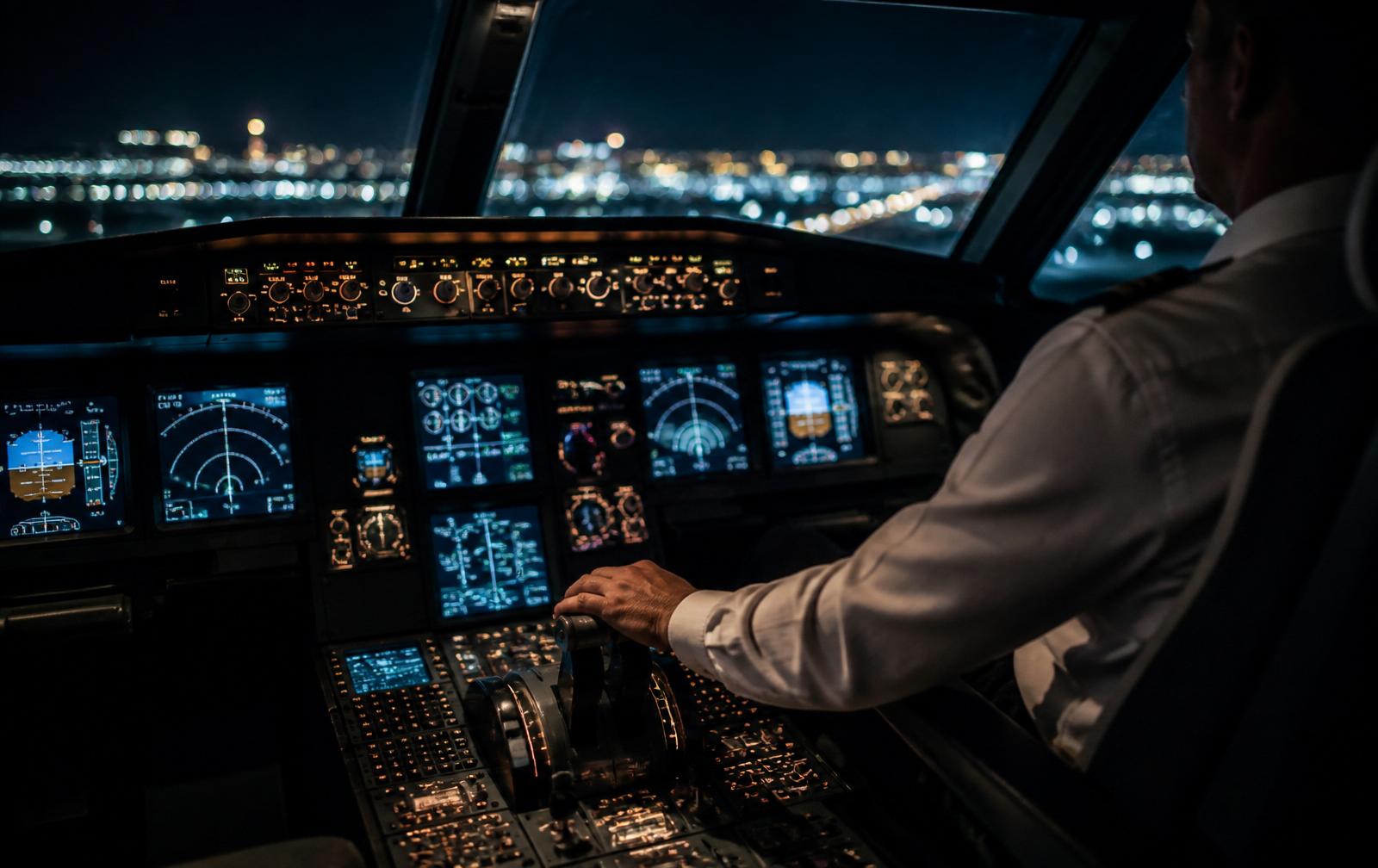 Cockpit of a commercial aircraft at night
